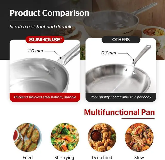 Alt view image 4 of 7 - Sunhouse 18/10 10 Inch Stainless Steel Frying Pan, Whole-Clad No Coatings Skillet with Stay-cool Handle for Cooking, Durable & Oven Safe to 500°F, Dishwasher Safe, Compatible with All Cooktops