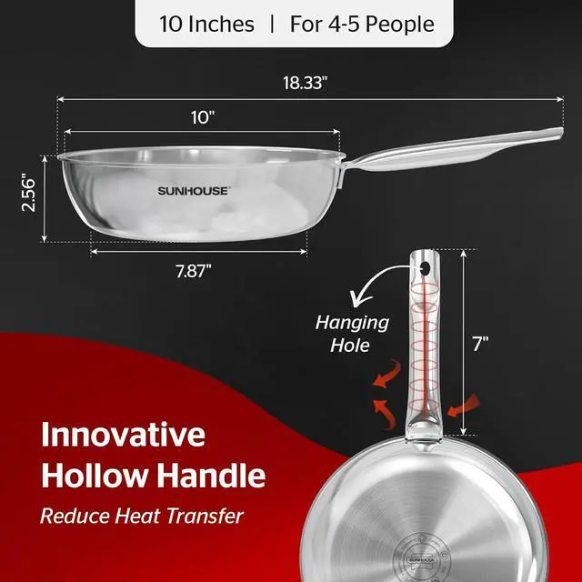 Alt view image 5 of 7 - Sunhouse 18/10 10 Inch Stainless Steel Frying Pan, Whole-Clad No Coatings Skillet with Stay-cool Handle for Cooking, Durable & Oven Safe to 500°F, Dishwasher Safe, Compatible with All Cooktops