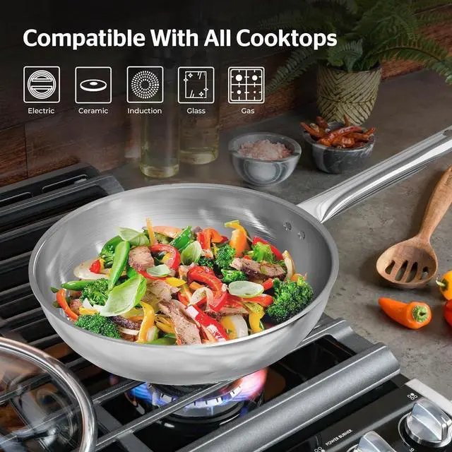 Alt view image 7 of 7 - Sunhouse 18/10 10 Inch Stainless Steel Frying Pan, Whole-Clad No Coatings Skillet with Stay-cool Handle for Cooking, Durable & Oven Safe to 500°F, Dishwasher Safe, Compatible with All Cooktops