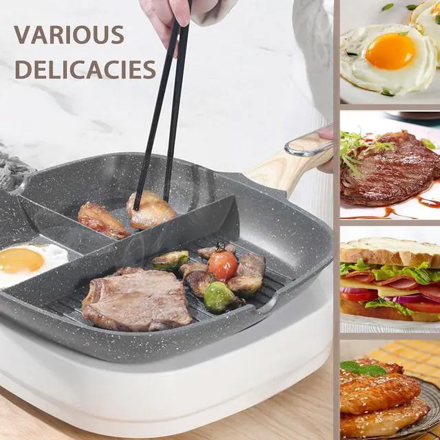 Alt view image 3 of 7 - JUSTUP Nonstick Grill Pan, 3-in-1 Egg Pan 11 Inch Non Stick Skillet Pan, Heat Resistant Handle 3 Section Skillet Pancake Pan, Divided Pan Cooking Pan for Breakfast, Egg, Bacon and Burgers