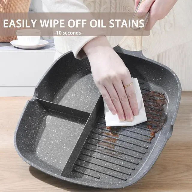 Alt view image 6 of 7 - JUSTUP Nonstick Grill Pan, 3-in-1 Egg Pan 11 Inch Non Stick Skillet Pan, Heat Resistant Handle 3 Section Skillet Pancake Pan, Divided Pan Cooking Pan for Breakfast, Egg, Bacon and Burgers