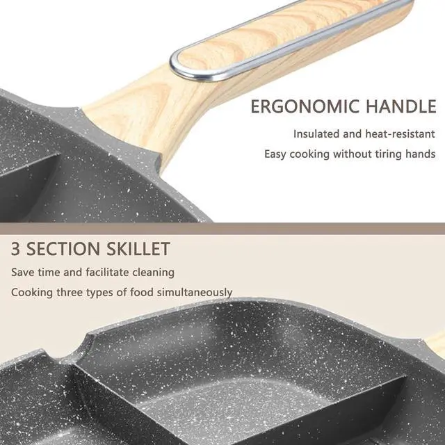 Alt view image 5 of 7 - JUSTUP Nonstick Grill Pan, 3-in-1 Egg Pan 11 Inch Non Stick Skillet Pan, Heat Resistant Handle 3 Section Skillet Pancake Pan, Divided Pan Cooking Pan for Breakfast, Egg, Bacon and Burgers