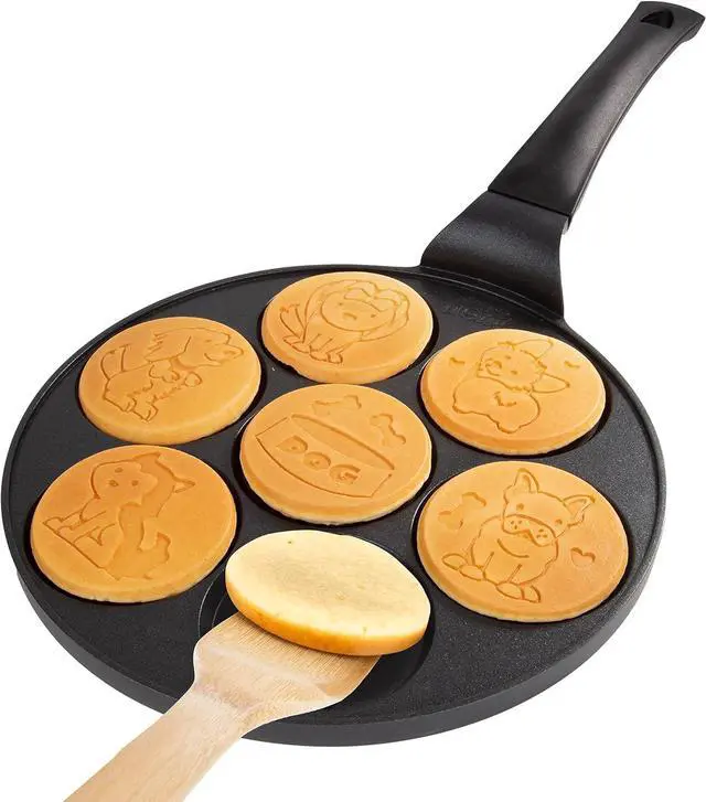 Alt view image 4 of 7 - Puppy Friends Mini Pancake Pan- Make 7 Unique Flapjacks- Nonstick Griddle w Long Handle for Breakfast Pup Animal Fun & Easy Cleanup Fun Dog Related Gift for Kids & Adults, Boys Girls, Party Treat