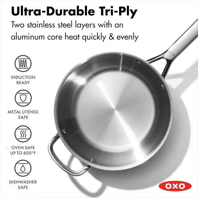 Alt view image 2 of 7 - OXO Agility Tri-Ply Stainless Steel 3.57QT Chefs Pan with Lid, Induction Suitable Cookware, Sauce Pan, Ultra-Durable, Quick Even Heating, Measurement Markings, Pouring Rim, Dishwasher and Oven Safe