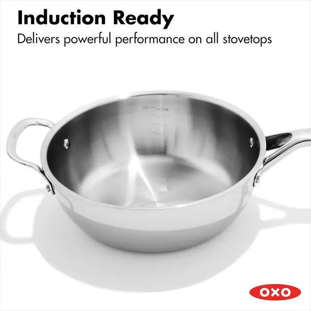 Alt view image 3 of 7 - OXO Agility Tri-Ply Stainless Steel 3.57QT Chefs Pan with Lid, Induction Suitable Cookware, Sauce Pan, Ultra-Durable, Quick Even Heating, Measurement Markings, Pouring Rim, Dishwasher and Oven Safe