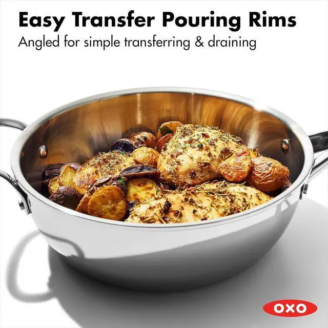 Alt view image 5 of 7 - OXO Agility Tri-Ply Stainless Steel 3.57QT Chefs Pan with Lid, Induction Suitable Cookware, Sauce Pan, Ultra-Durable, Quick Even Heating, Measurement Markings, Pouring Rim, Dishwasher and Oven Safe