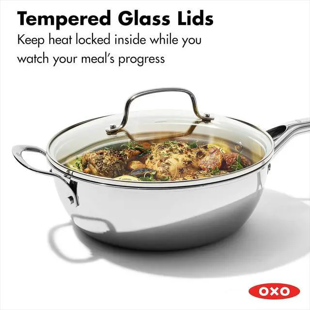 Alt view image 6 of 7 - OXO Agility Tri-Ply Stainless Steel 3.57QT Chefs Pan with Lid, Induction Suitable Cookware, Sauce Pan, Ultra-Durable, Quick Even Heating, Measurement Markings, Pouring Rim, Dishwasher and Oven Safe