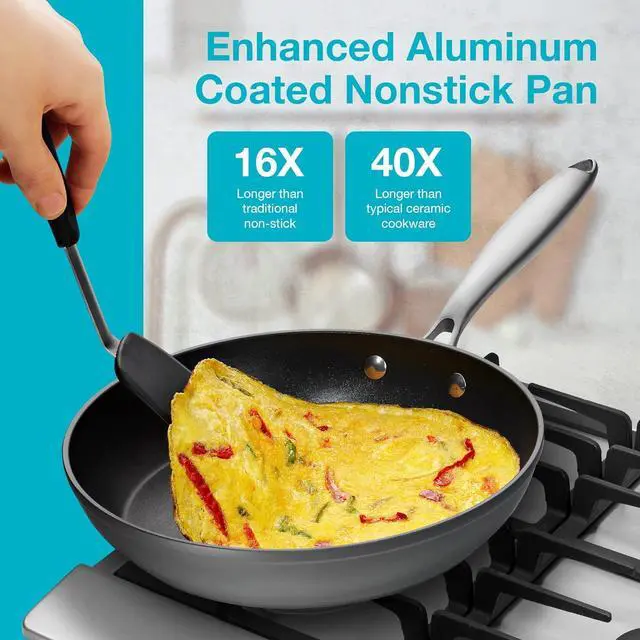 Alt view image 2 of 7 - Belwares Nonstick Frying Pan with Spatula & Lid - 10 Inch Non Stick Skillet Egg Frying Pan - Lightweight Aluminum Hard-Anodized Fry Pan for Kitchen Cooking with Gas, Electric, Oven or Induction