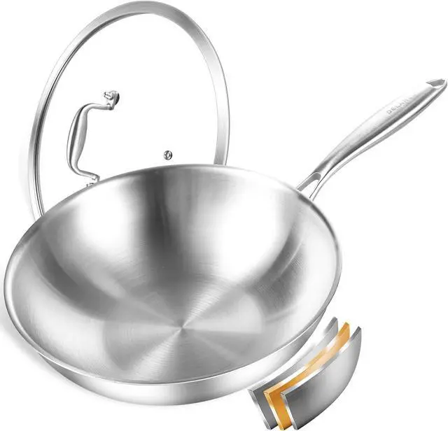 Main image of DELARLO Tri-Ply Stainless Steel Woks, 12 Inch Cooking Wok Pan with Lid, Wide & Deep Cookware Stir-Fry Pans, Dishwasher and Oven Safe Up To 600°F, Works on Induction