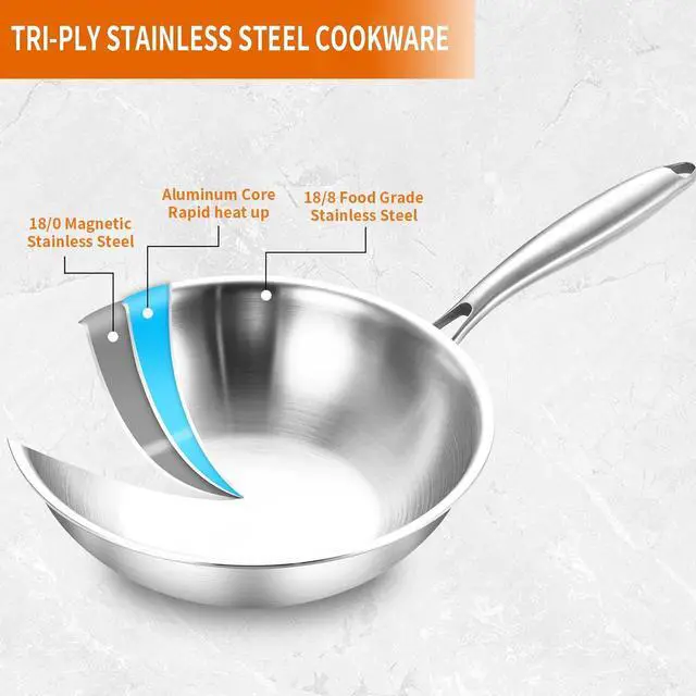 Alt view image 2 of 6 - DELARLO Tri-Ply Stainless Steel Woks, 12 Inch Cooking Wok Pan with Lid, Wide & Deep Cookware Stir-Fry Pans, Dishwasher and Oven Safe Up To 600°F, Works on Induction