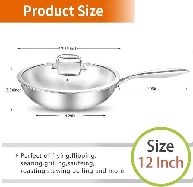 Alt view image 3 of 6 - DELARLO Tri-Ply Stainless Steel Woks, 12 Inch Cooking Wok Pan with Lid, Wide & Deep Cookware Stir-Fry Pans, Dishwasher and Oven Safe Up To 600°F, Works on Induction