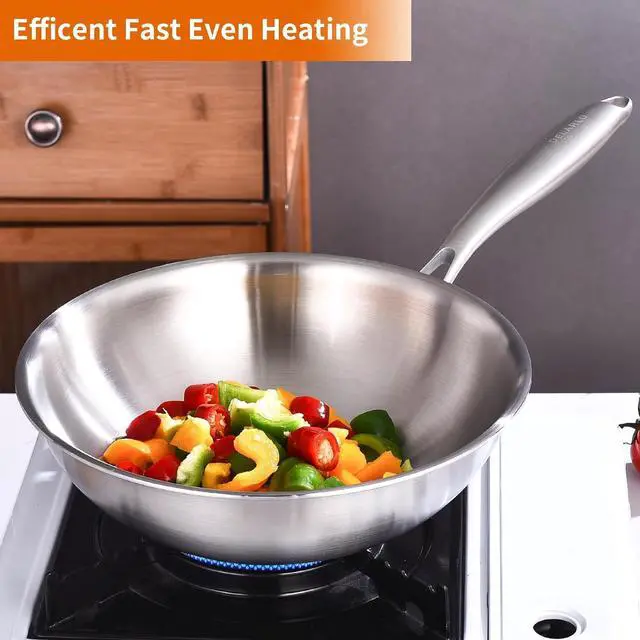 Alt view image 5 of 6 - DELARLO Tri-Ply Stainless Steel Woks, 12 Inch Cooking Wok Pan with Lid, Wide & Deep Cookware Stir-Fry Pans, Dishwasher and Oven Safe Up To 600°F, Works on Induction