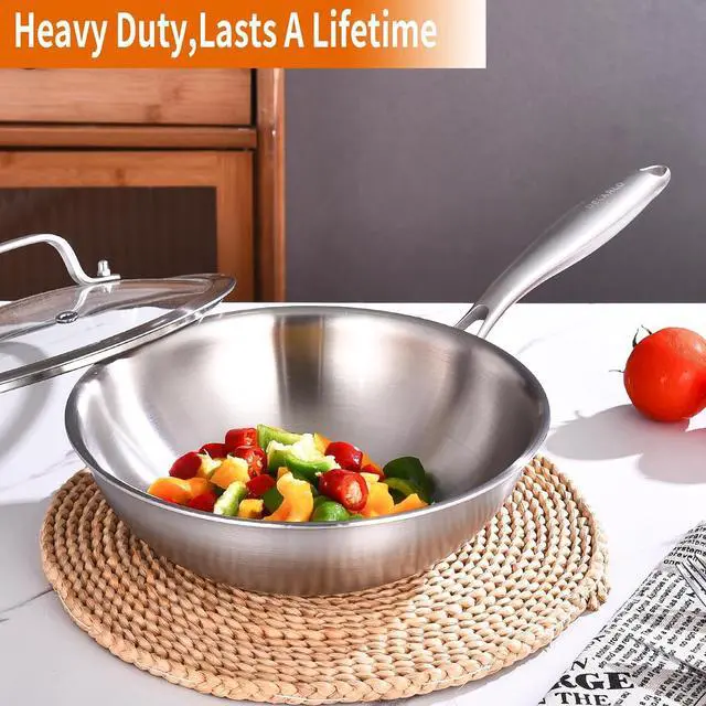 Alt view image 6 of 6 - DELARLO Tri-Ply Stainless Steel Woks, 12 Inch Cooking Wok Pan with Lid, Wide & Deep Cookware Stir-Fry Pans, Dishwasher and Oven Safe Up To 600°F, Works on Induction