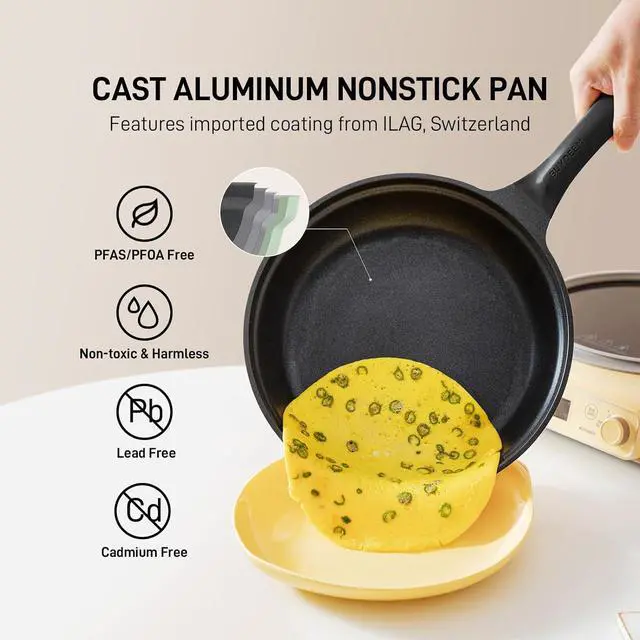 Alt view image 4 of 7 - BUYDEEM Cast Aluminum Non Stick Frying Pan 10.2 Inch, Rapid Even Heating Skillet with Glass Lid, All Stovetops Compatible, No PFOA/PFAS Egg Pan with Cool Handle, Cheflite Series CP151 Mellow Yellow