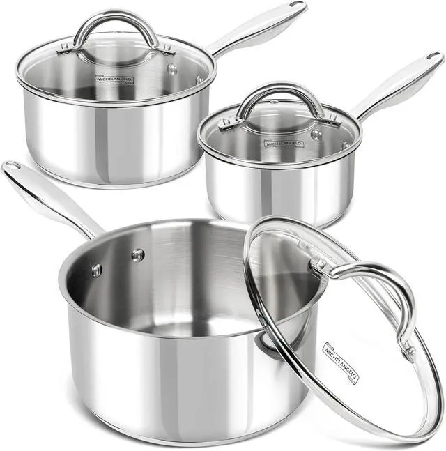 Main image of MICHELANGELO Saucepan Set 6pc, 18/10 Stainless Steel Sauce Pan with Lid, Tri-Ply Bottom Sauce Pot Set, Nonstick Saucepan, Induction Compatible, 1QT & 2QT &3QT