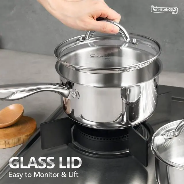 Alt view image 2 of 7 - MICHELANGELO Saucepan Set 6pc, 18/10 Stainless Steel Sauce Pan with Lid, Tri-Ply Bottom Sauce Pot Set, Nonstick Saucepan, Induction Compatible, 1QT & 2QT &3QT