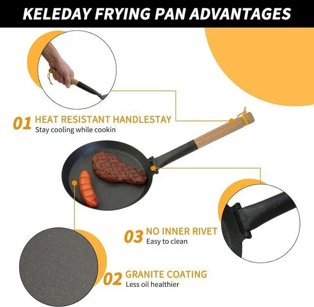 Alt view image 5 of 7 - 8.2 Inch Non Stick Frying Pan, Pre-Seasoned Carbon Steel Grill Pan with Folding Handle, Camping Indoor & Outdoor Cooking, Easy to Clean, Suitable for All Kinds of Stoves