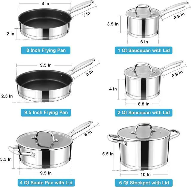 Alt view image 2 of 6 - P&P CHEF 10 Pcs Stainless Steel Pots and Pans Sets, Kitchen Cookware Set of 6, Induction Cooking Pot & Saucepans with Lids, Nonstick Frying Pans & Saute Pan