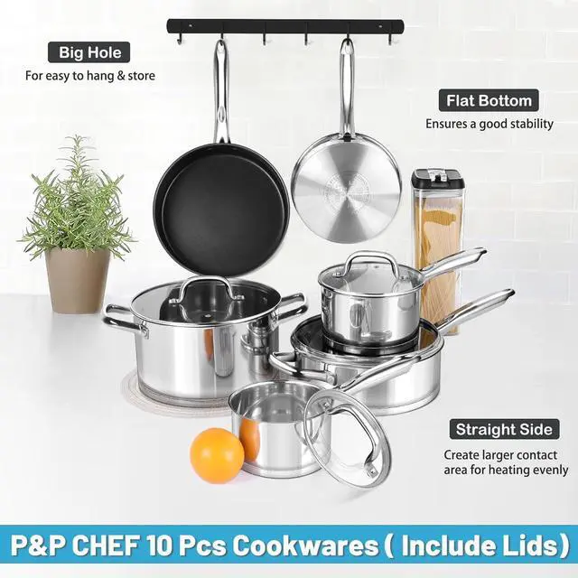 Alt view image 3 of 6 - P&P CHEF 10 Pcs Stainless Steel Pots and Pans Sets, Kitchen Cookware Set of 6, Induction Cooking Pot & Saucepans with Lids, Nonstick Frying Pans & Saute Pan