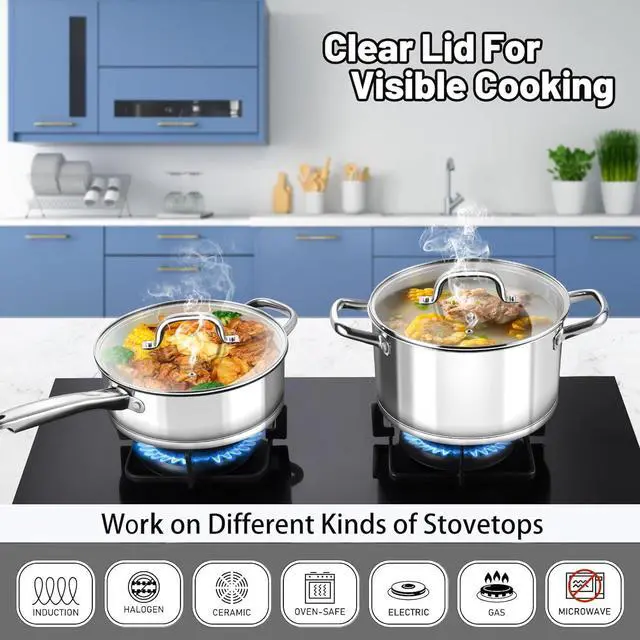 Alt view image 5 of 6 - P&P CHEF 10 Pcs Stainless Steel Pots and Pans Sets, Kitchen Cookware Set of 6, Induction Cooking Pot & Saucepans with Lids, Nonstick Frying Pans & Saute Pan