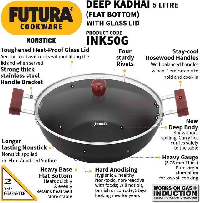 Alt view image 2 of 7 - Hawkins Futura 5 Litre Deep Kadhai, Non Stick Kadai with Glass Lid, Flat Bottom Induction Kadhai, Black (INK50G)