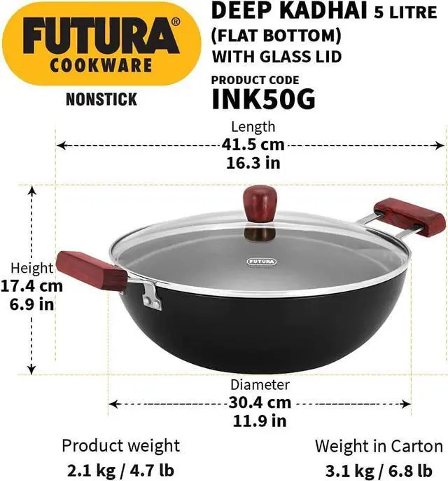 Alt view image 3 of 7 - Hawkins Futura 5 Litre Deep Kadhai, Non Stick Kadai with Glass Lid, Flat Bottom Induction Kadhai, Black (INK50G)