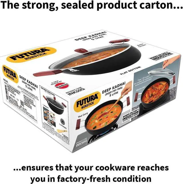 Alt view image 6 of 7 - Hawkins Futura 5 Litre Deep Kadhai, Non Stick Kadai with Glass Lid, Flat Bottom Induction Kadhai, Black (INK50G)