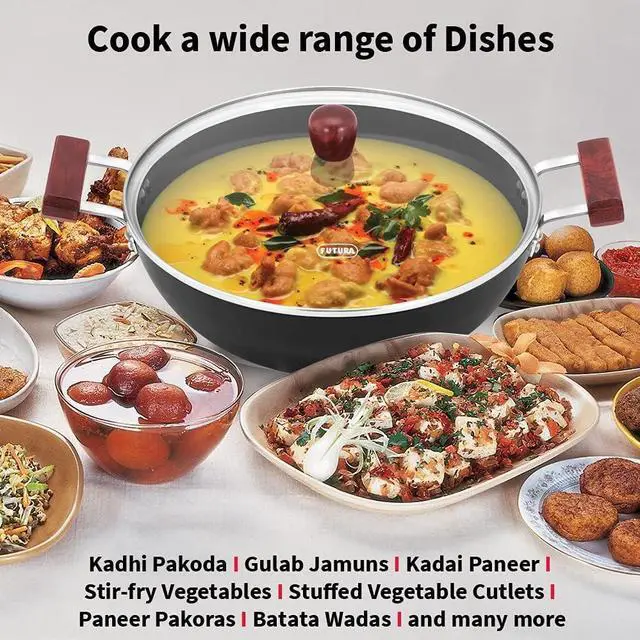 Alt view image 5 of 7 - Hawkins Futura 5 Litre Deep Kadhai, Non Stick Kadai with Glass Lid, Flat Bottom Induction Kadhai, Black (INK50G)