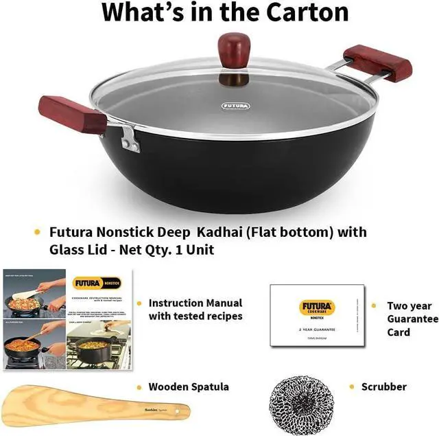Alt view image 7 of 7 - Hawkins Futura 5 Litre Deep Kadhai, Non Stick Kadai with Glass Lid, Flat Bottom Induction Kadhai, Black (INK50G)