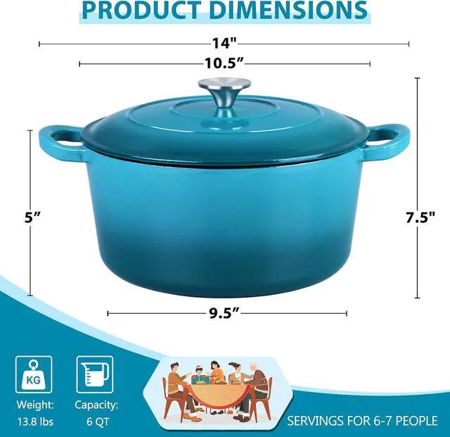 Alt view image 2 of 7 - E-far 6 Quart Dutch Oven, Enameled Cast Iron Dutch Oven Pot with Lid, Nonstick Round Cookware for Braising/Stews/Roasting/Bread Baking/Cooking, Heavy Duty, Induction & Oven Safe - Teal Mist