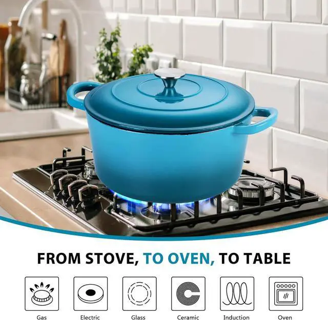 Alt view image 5 of 7 - E-far 6 Quart Dutch Oven, Enameled Cast Iron Dutch Oven Pot with Lid, Nonstick Round Cookware for Braising/Stews/Roasting/Bread Baking/Cooking, Heavy Duty, Induction & Oven Safe - Teal Mist