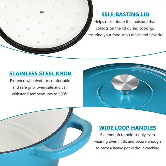 Alt view image 7 of 7 - E-far 6 Quart Dutch Oven, Enameled Cast Iron Dutch Oven Pot with Lid, Nonstick Round Cookware for Braising/Stews/Roasting/Bread Baking/Cooking, Heavy Duty, Induction & Oven Safe - Teal Mist