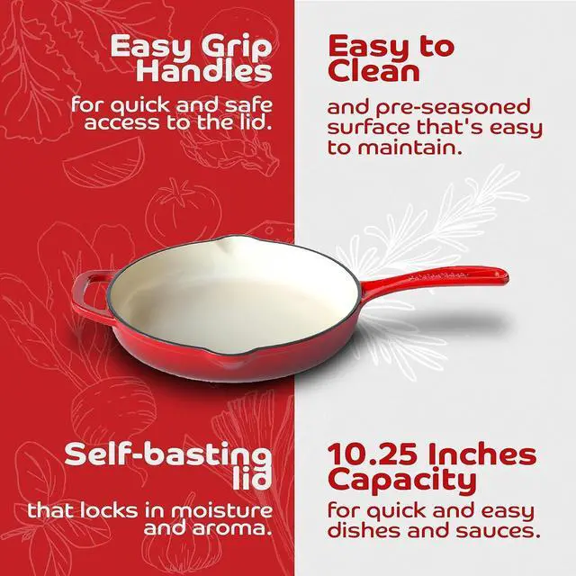 Alt view image 5 of 7 - Enameled Cast Iron Skillet, 10.25-IN Rosso (Gradient Red) Enamel Skillet Pan, No Seasoning Required and Cast Iron Frying Pan