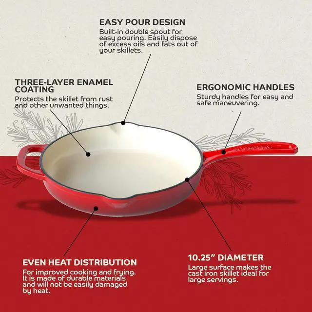 Alt view image 6 of 7 - Enameled Cast Iron Skillet, 10.25-IN Rosso (Gradient Red) Enamel Skillet Pan, No Seasoning Required and Cast Iron Frying Pan