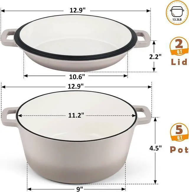Alt view image 2 of 7 - TeamFar 5 Quart Dutch Oven, 2 In 1 Enameled Cast Iron Dutch Oven Pot Cookware with Skillet Lid, for Bread Baking Braising Stewing Roasting, Sturdy & Nonstick, Oven Safe & Fit for Induction (Khaki)