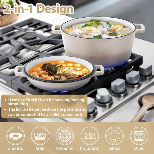Alt view image 4 of 7 - TeamFar 5 Quart Dutch Oven, 2 In 1 Enameled Cast Iron Dutch Oven Pot Cookware with Skillet Lid, for Bread Baking Braising Stewing Roasting, Sturdy & Nonstick, Oven Safe & Fit for Induction (Khaki)