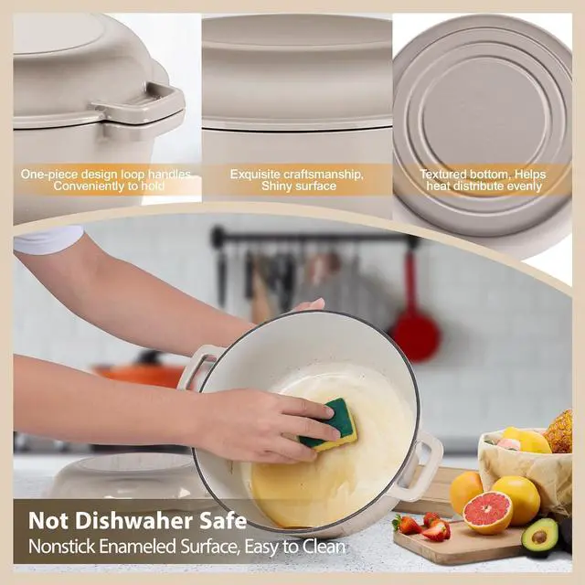 Alt view image 5 of 7 - TeamFar 5 Quart Dutch Oven, 2 In 1 Enameled Cast Iron Dutch Oven Pot Cookware with Skillet Lid, for Bread Baking Braising Stewing Roasting, Sturdy & Nonstick, Oven Safe & Fit for Induction (Khaki)