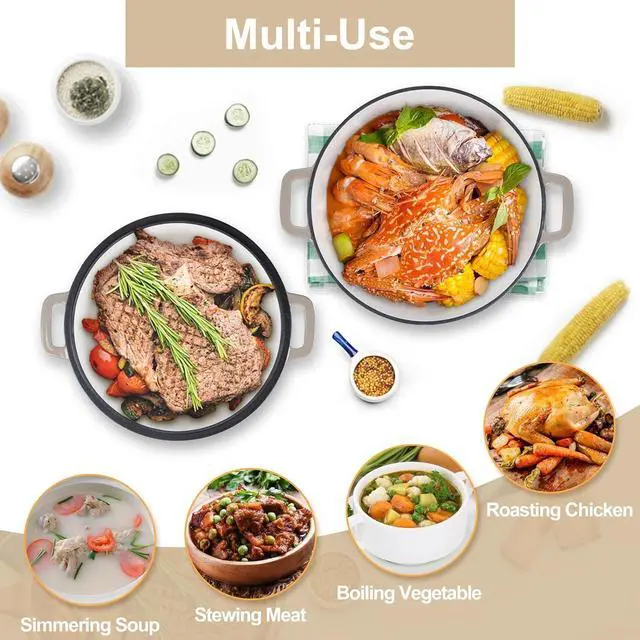 Alt view image 7 of 7 - TeamFar 5 Quart Dutch Oven, 2 In 1 Enameled Cast Iron Dutch Oven Pot Cookware with Skillet Lid, for Bread Baking Braising Stewing Roasting, Sturdy & Nonstick, Oven Safe & Fit for Induction (Khaki)