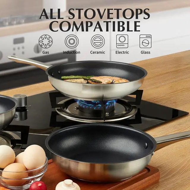 Alt view image 4 of 7 - KOCH SYSTEME CS Stainless Steel Pan 12 Inch, Non Stick Frying Pans with Non-toxic Stainless Steel for Professional Cooking, 12 Inch Stainless Steel Pan with Stay-cool Handle, Induction Pan, Oven Safe