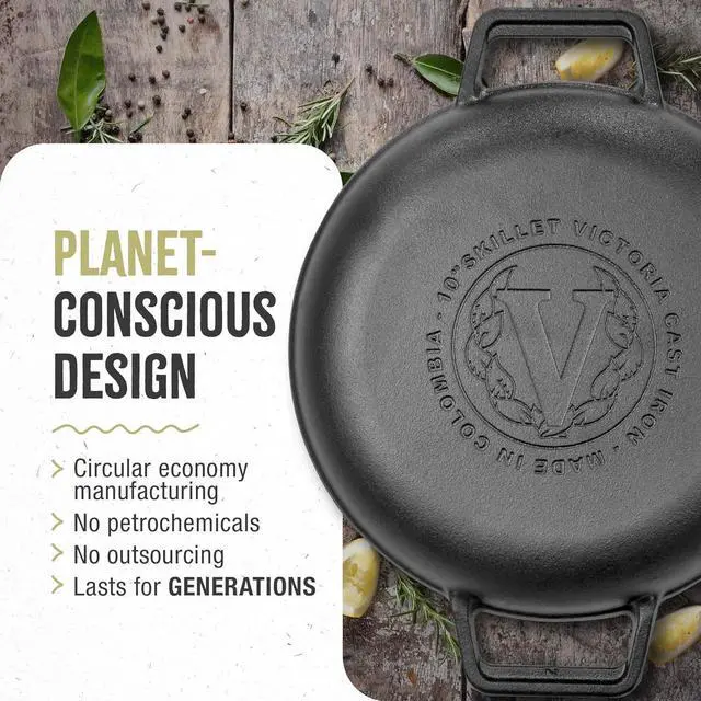 Alt view image 5 of 7 - Victoria Cast Iron Round Skillet with Double Loop Handles, Made in Colombia, 10 Inches
