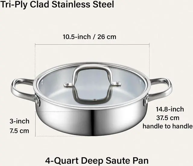 Alt view image 2 of 6 - Cook N Home Deep Saute Pan with Lid 4 Quart, Tri-Ply Clad Stainless Steel Deep Frying Pan, 10.5 Inch Skillet, Induction Cooking Pan Kitchen Pan, Silve