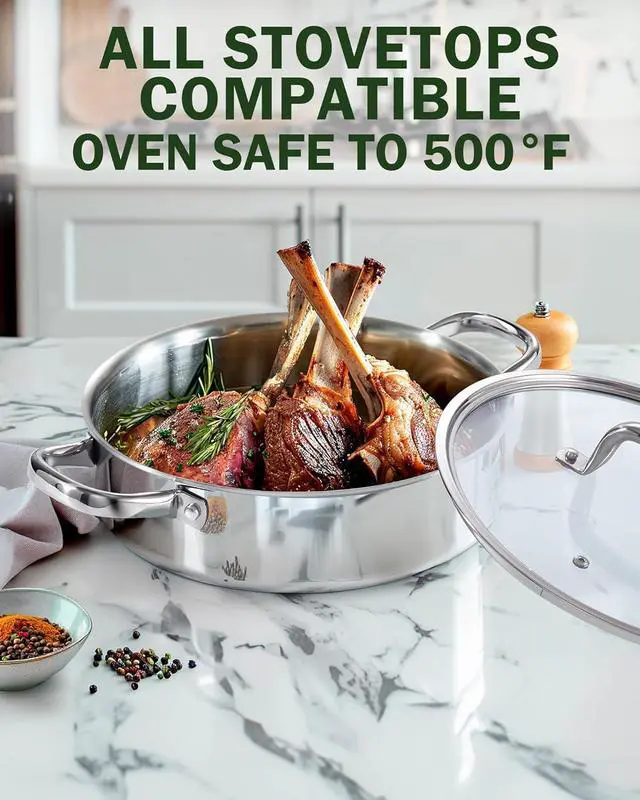 Alt view image 3 of 6 - Cook N Home Deep Saute Pan with Lid 4 Quart, Tri-Ply Clad Stainless Steel Deep Frying Pan, 10.5 Inch Skillet, Induction Cooking Pan Kitchen Pan, Silve