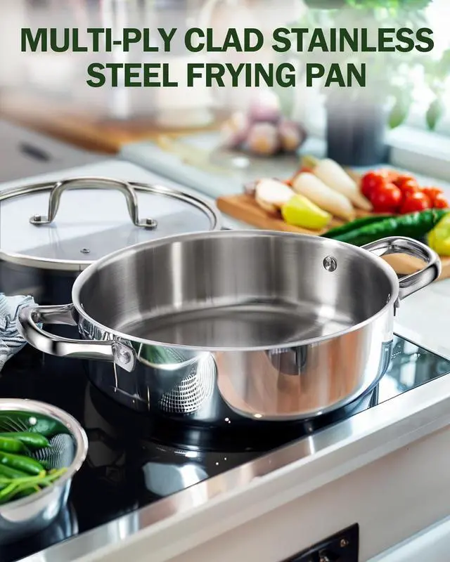 Alt view image 4 of 6 - Cook N Home Deep Saute Pan with Lid 4 Quart, Tri-Ply Clad Stainless Steel Deep Frying Pan, 10.5 Inch Skillet, Induction Cooking Pan Kitchen Pan, Silve