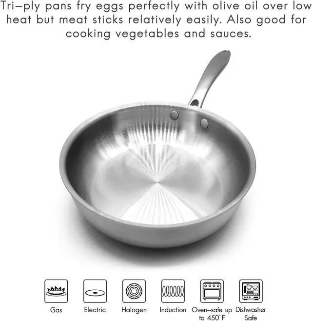 Alt view image 2 of 7 - Fortune Candy 8-Inch Fry Pan with Lid, 3-ply Skillet, 18/8 Stainless Steel, Dishwasher Safe, Induction Ready, Silver