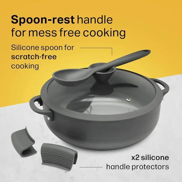 Alt view image 2 of 7 - Nativo Nonstick Nontoxic Ceramic Caldero Dutch Oven with Glass Lid, Spoon Rest, Silicone Handle Protectors and Silicone Spatula (GRAY, 5 QT)