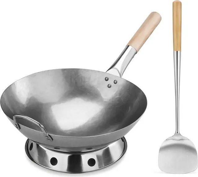Main image of New Star Foodservice 1028720 Carbon Steel Pow Wok Set with Wood and Steel Helper Handle, Hand Hammered, Includes 14" Round Bottom Wok, Wok Rack/Ring, and Spatula (Hand Wash Recomended)