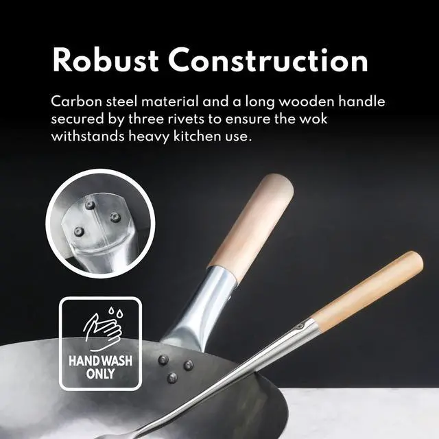 Alt view image 4 of 6 - New Star Foodservice 1028720 Carbon Steel Pow Wok Set with Wood and Steel Helper Handle, Hand Hammered, Includes 14" Round Bottom Wok, Wok Rack/Ring, and Spatula (Hand Wash Recomended)