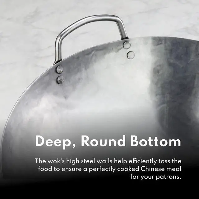 Alt view image 3 of 6 - New Star Foodservice 1028720 Carbon Steel Pow Wok Set with Wood and Steel Helper Handle, Hand Hammered, Includes 14" Round Bottom Wok, Wok Rack/Ring, and Spatula (Hand Wash Recomended)