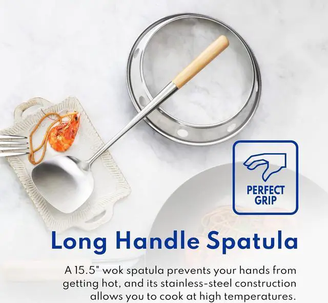 Alt view image 5 of 6 - New Star Foodservice 1028720 Carbon Steel Pow Wok Set with Wood and Steel Helper Handle, Hand Hammered, Includes 14" Round Bottom Wok, Wok Rack/Ring, and Spatula (Hand Wash Recomended)