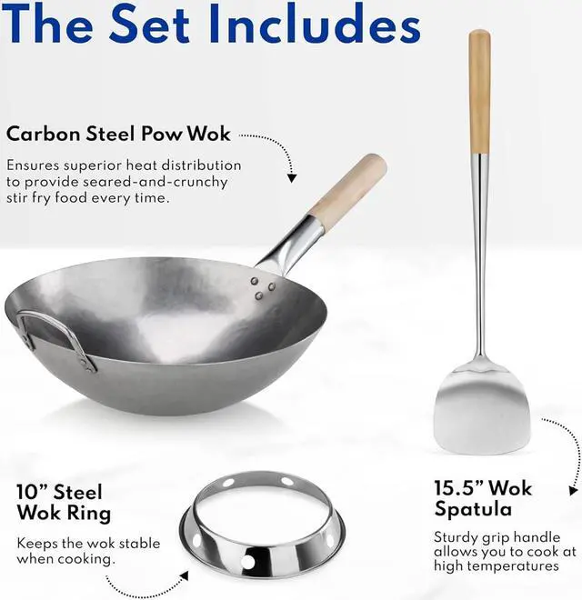 Alt view image 6 of 6 - New Star Foodservice 1028720 Carbon Steel Pow Wok Set with Wood and Steel Helper Handle, Hand Hammered, Includes 14" Round Bottom Wok, Wok Rack/Ring, and Spatula (Hand Wash Recomended)